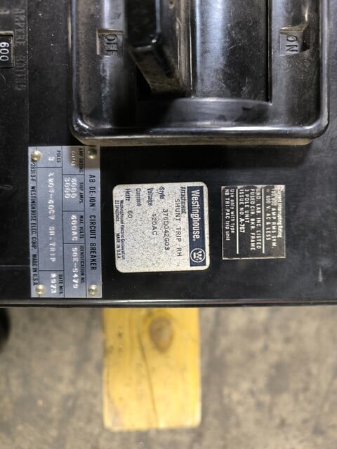 600 Amp, Westinghouse AB-DE-ION, Circuit Breaker, MA3800F, 3 Pole, 120 VAC - Image 2