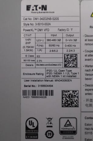 Eaton dm1-342d2nb-s20s vfd 480v 1hp powerxl stock 2893a - Image 2