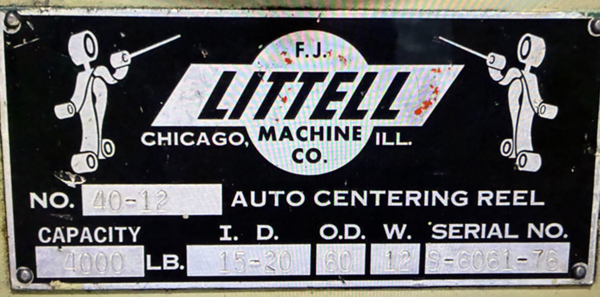 4000 lb. Littell #40-12, uncoiler, 60" outside dimensions, 16"-21" ID, electric brake w/adjustable setting - Image 2