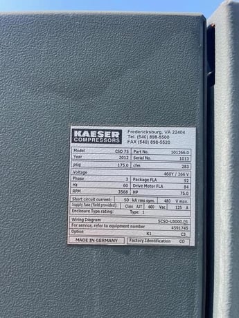 283 cfm, 175 psig, Kaeser #CSD-75, Rotary Screw Air Compressor, 75 HP, 460Y/266 V., 2012 - Image 5