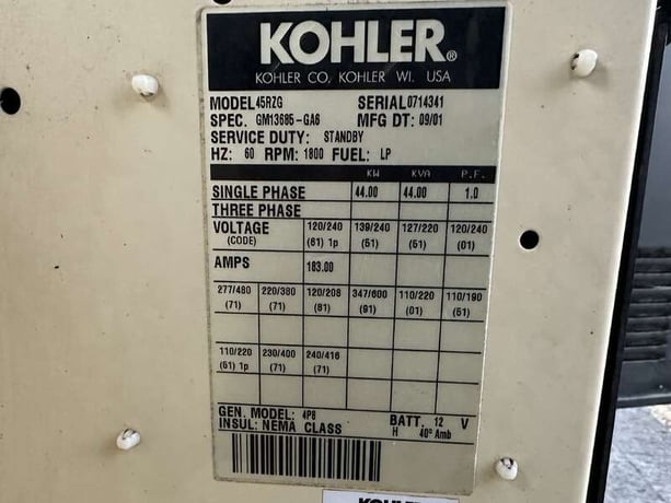 44 KW Kohler #45RZG, Natural gas LP generator set, 120/240 Volts, 1-phase, 75 HP @ 1800 RPM, GM 4.3L engine - Image 10