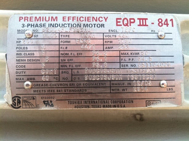 200 HP 1800 RPM Toshiba, Frame 447T, BB & RB, 841, 460 Volts - Image 2