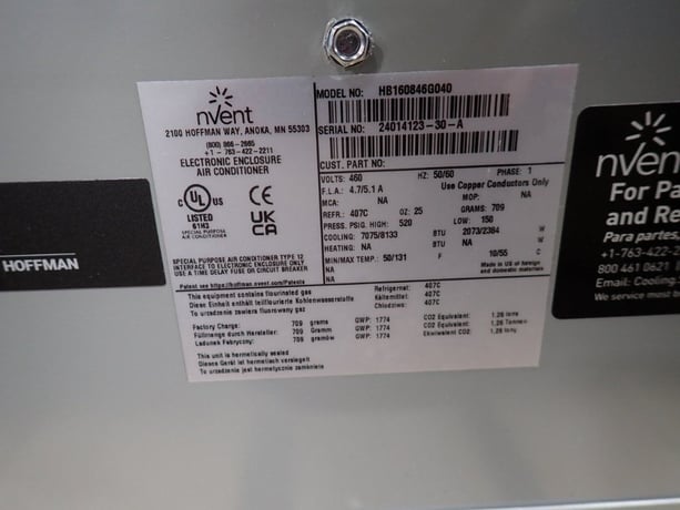 Nvent #HB160846G040, Electronic Enclosure Air Conditioner, R-407C, 7075/8133 BTU Cooling, 50/131 &deg;F Temp. - Image 2