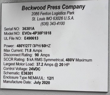 30 Ton, Beckwood #EVOx-4P30F1818, all electric high precision platen press, 18" x 18" heated platens, 800° - Image 9