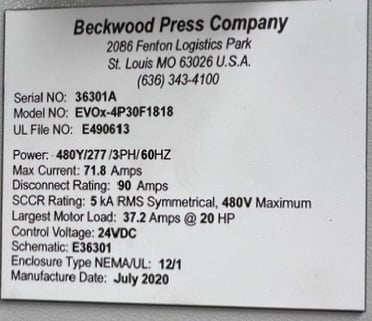 30 Ton, Beckwood #EVOx-4P30F1818, all electric high precision platen press, 18" x 18" heated platens, 800&deg; - Image 9