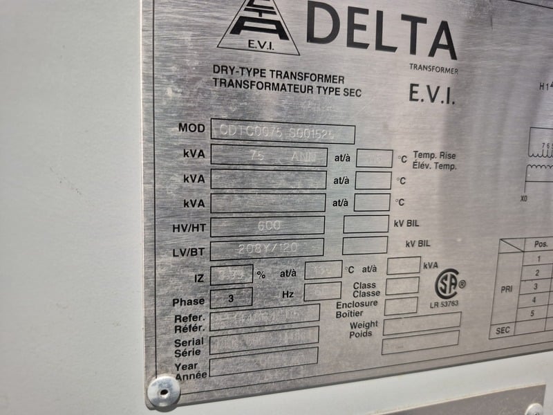 75 KVA 600 Primary, 208Y/120 Secondary, Delta Dry type Distribution Transformer, Nema 3R, 3PH - Image 3