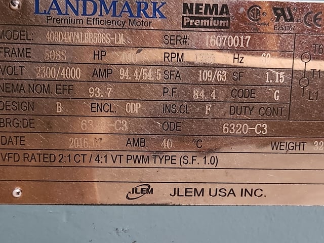 400 HP 1800 RPM Landmark, Frame 508S, Drip-Proof Ball Bearing, 2300/4000 Volts, New Surplus - Image 2