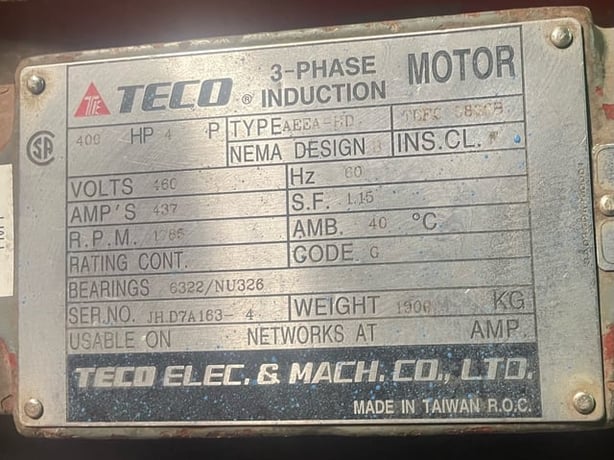 400 HP 1800 RPM Teco, Frame 5806B, TEFC BB, 460 Volts - Image 3