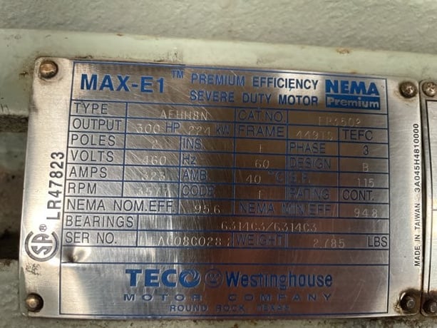 300 HP 3600 RPM Teco Westinghouse, Frame 449TSC, TEFC BB, 460 Volts - Image 1