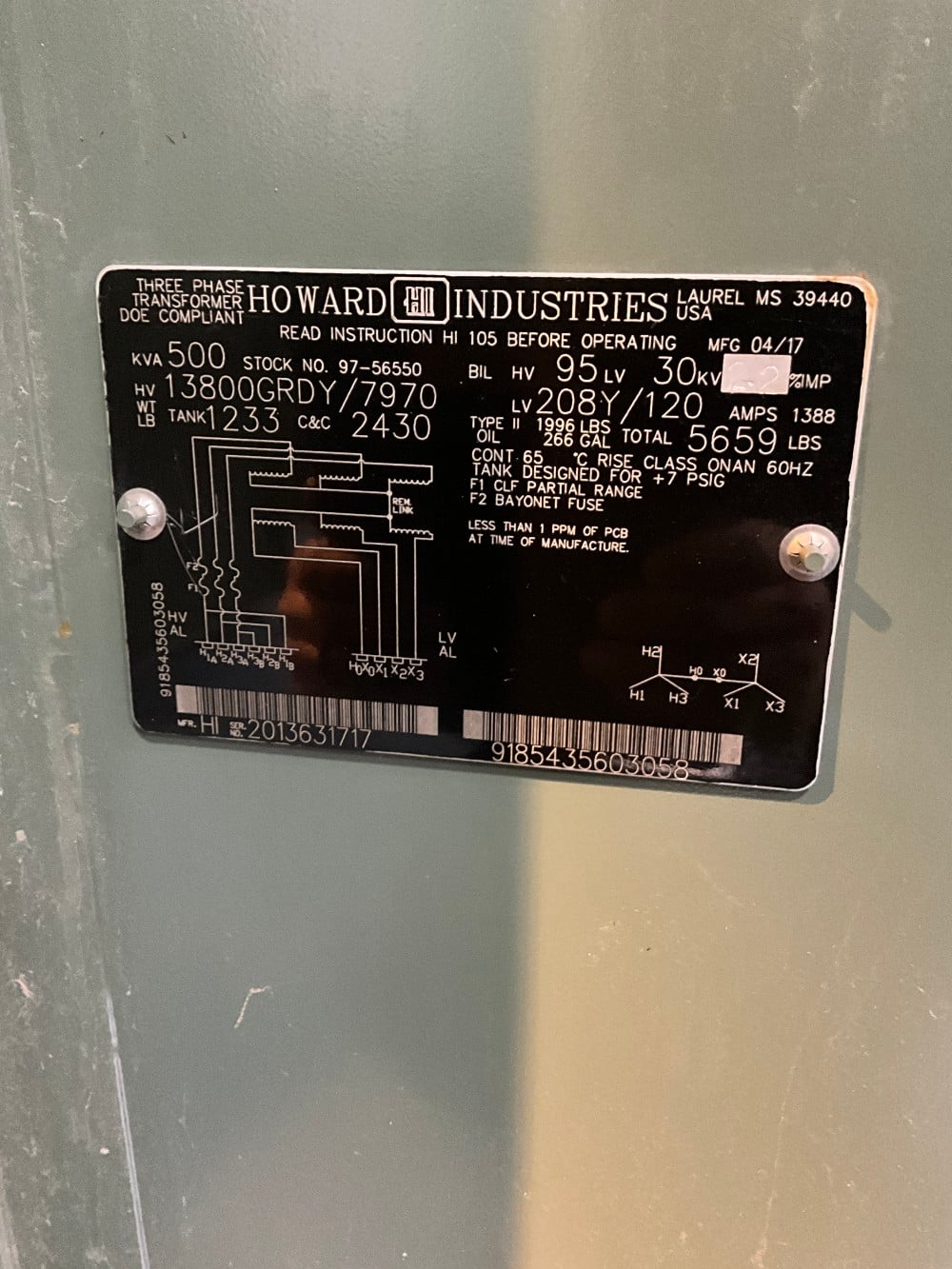 500 KVA 13800GY/7970 Primary, 208Y/120 Secondary, 3 phase, Padmount Transformer - Image 1
