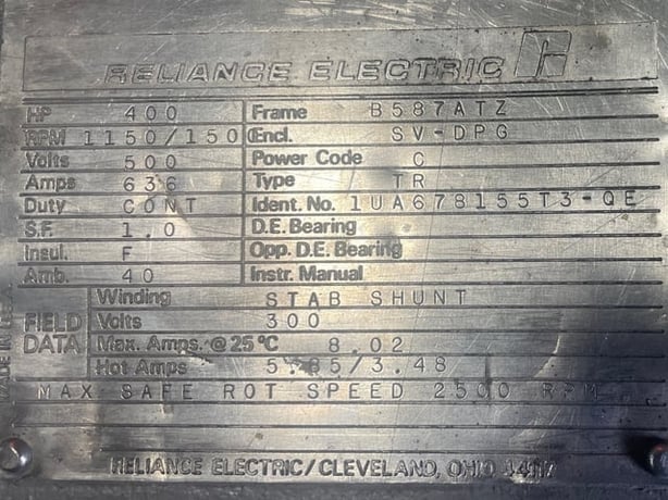 400 HP 1200 RPM Reliance, Frame B587ATZ, DPFVBB, 500 VA, 300 VF - Image 3