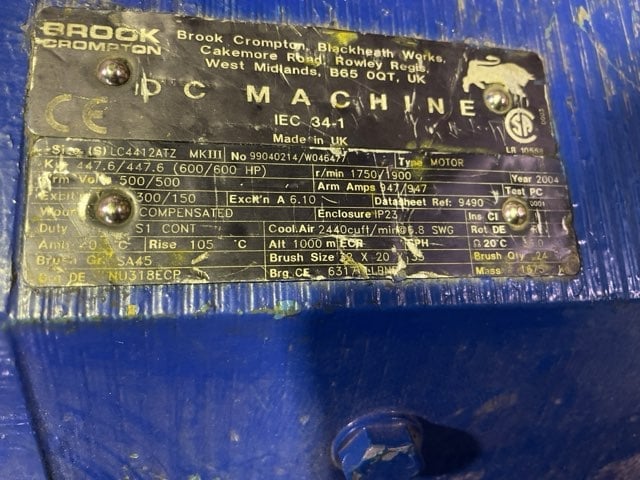 600 HP 1800 RPM Brook-crompton, Frame LC4412ATZ, DPFVBB, 500 VA, 300/150 VF - Image 2