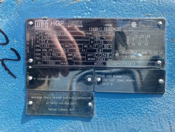 250 HP 1200 RPM Weg, Frame 5009/10/11T, TEFC BB, 4160 Volts - Image 3