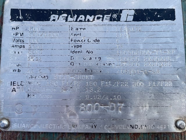 800 HP 900 RPM Reliance, Frame B689ATZ, DPFVBB, 600 VA, 300/150 VF - Image 3