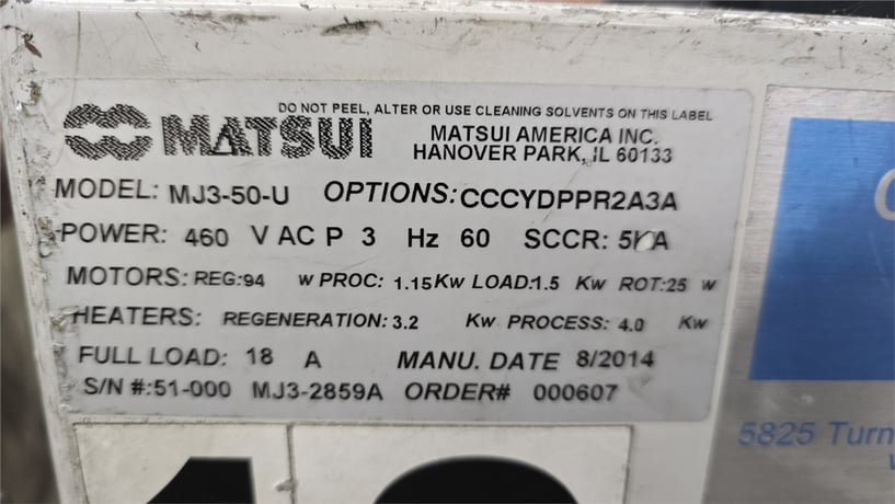 Matsui #MJ3-50-U, 47 cfm dryer w/ hopper, 176°F-320°F, 2014 - Image 9