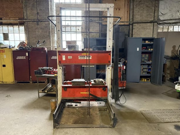 80/100 Ton, Power Team, H-frame hydraulic shop press, roll bed press, foot treadle activated - Image 1