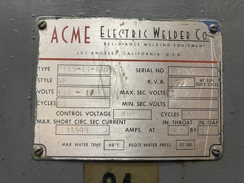 50 KVA Acme Electric Welder Co #PT1S-18-100, spot welder - Image 2