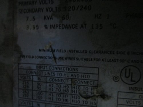 7.5 KVA 240x480 Primary, 120/240 Secondary, Acme Transformer T-2-53515-35, general purpose transformer - Image 3