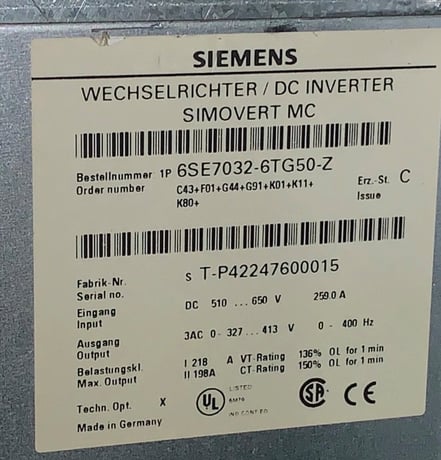 218 Amp. 510 to 650 VDC to 0 to 413 VAC, 3 Phase Siemens, SIMOVERT MC 6SE7032 6TG50 Z DC Inverter Drive - Image 3