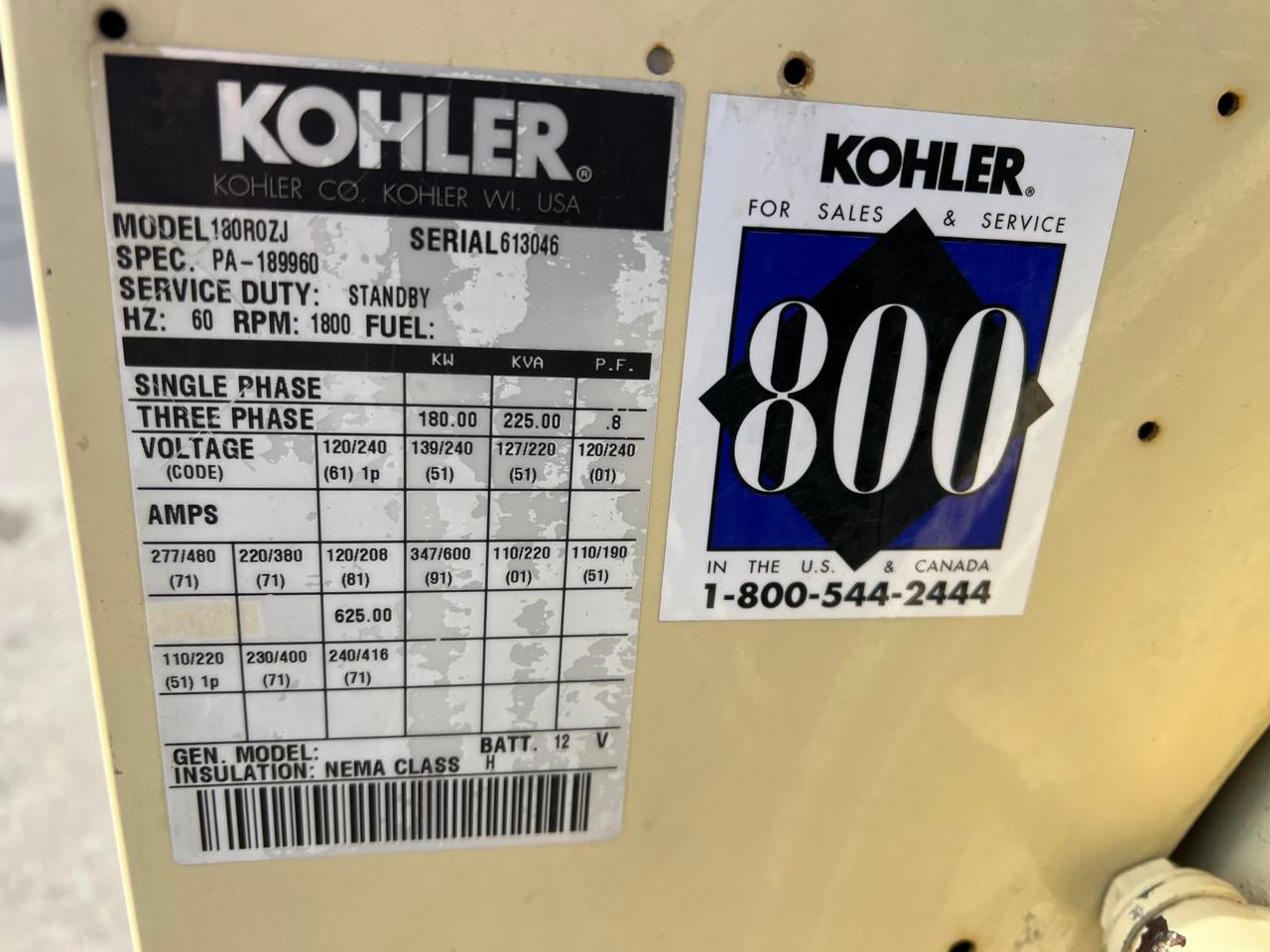 180 KW, Kohler #180ROZJ, generator end taken off 8.1 JD engine, 120/240 Volts, load tested, 862 hours, 2000 - Image 2