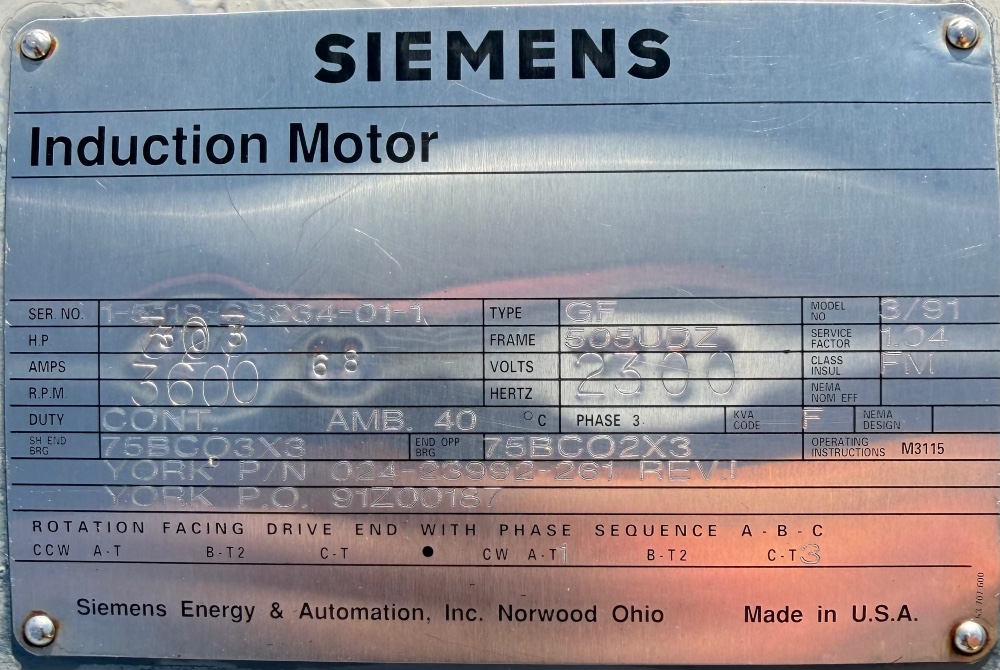 303 HP 3600 RPM Siemens, Frame 505UDZ, ODP, Ball, 1.04 service factor, 2300 Volts - Image 1
