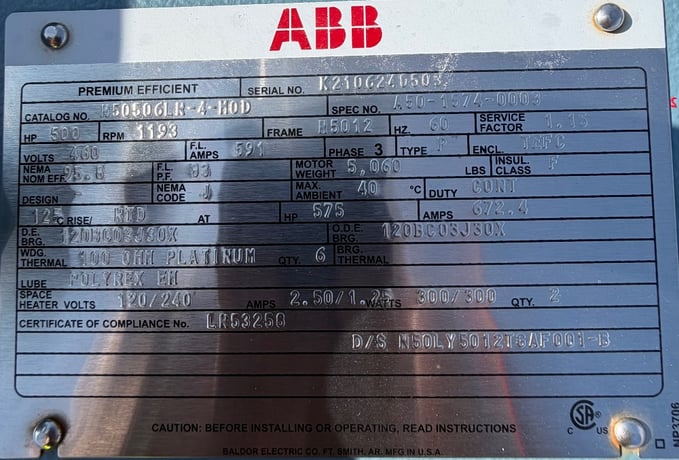 500 HP 1193 RPM ABB, Frame H5012, TEFC, Ball, 460 Volts, New Surplus - Image 1