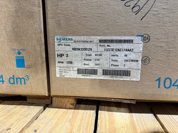 3 HP 1200 RPM Siemens, Frame 213T, TEFC, 208-230/460 Volts, new in box (2 available) - Image 1