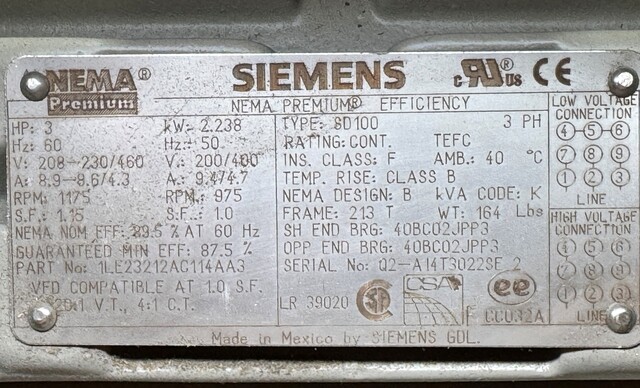 3 HP 1200 RPM Siemens, Frame 213T, TEFC, 208-230/460 Volts, new in box (2 available) - Image 3