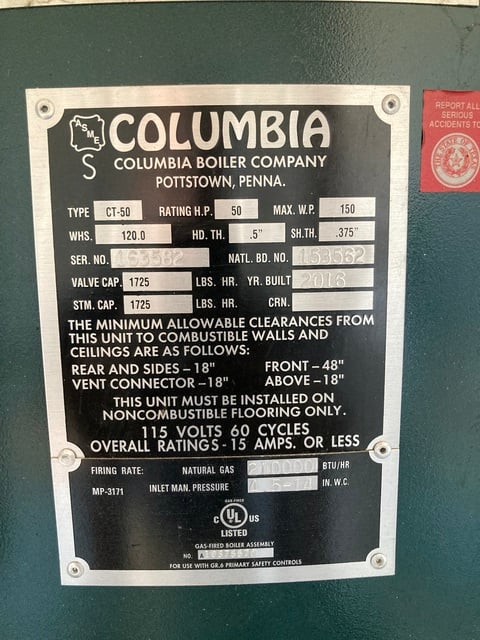 50 HP 150 PSI Columbia #CT-50, Steam Boiler, 2016 - Image 2