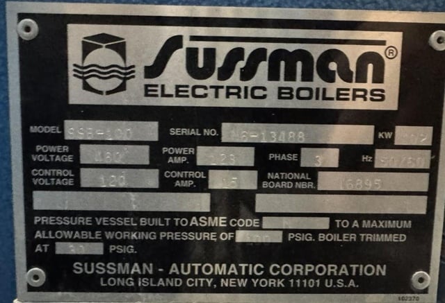Sussman #SSB100, Electric Steam Boiler, 102 kW, 480 Volts, 3Ph, ASME, National Board - Image 2