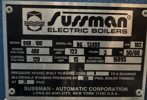 Sussman #SSB100, Electric Steam Boiler, 102 kW, 480 Volts, 3Ph, ASME, National Board - Image 3