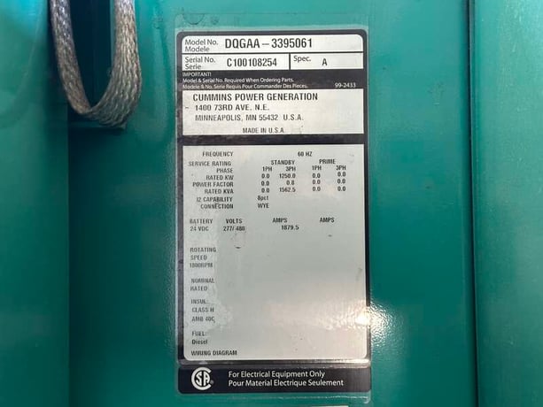 1250 KW Cummins #DQGAA, diesel generator set, 277/480 Volts, 2220 HP @ 1800 RPM, QSKTA50-GE engine, EPA Tier - Image 10