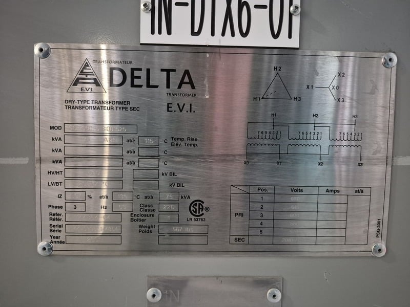 75 KVA 600 Primary, 208Y/120 Secondary, Delta EVI #CDTC0075-S001525, Dry Type Distribution Transformer, Nema - Image 2