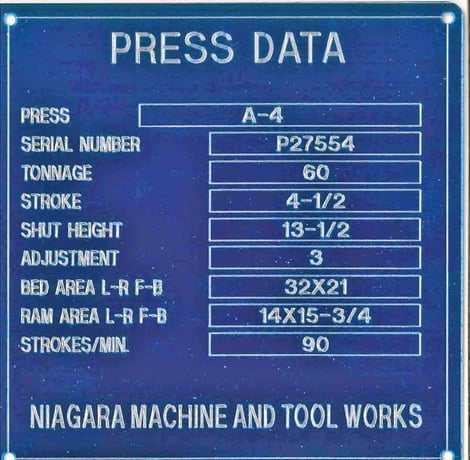 60 Ton, Niagara #A-4, OBI press, 4.5" stroke, 13.5" Shut Height, 3" adj., 90 SPM, 32" x31" bed, air clutch & - Image 4