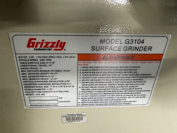 Grizzly #G3104, Manual Surface Grinder, 20-1/2" x 6-7/8" x 10-3/4" travel, 2 HP, 7" x 0.75" x 1-1/4" grind - Image 4