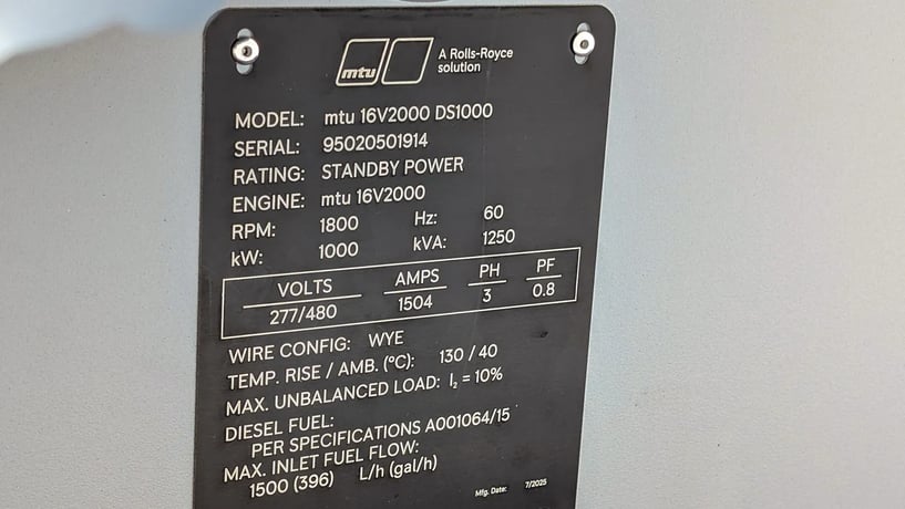 1000 KW MTU #DS1000, Diesel Generator, 1504 amps, 1800 RPM, 277/480 Volts, 3PH, 2025, New - Image 6