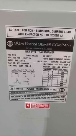 150 KVA 480 Primary, 208Y/120 Secondary MGM #HT225A3B2SH, Dry Transformer, 3-phase, (2 available) - Image 2