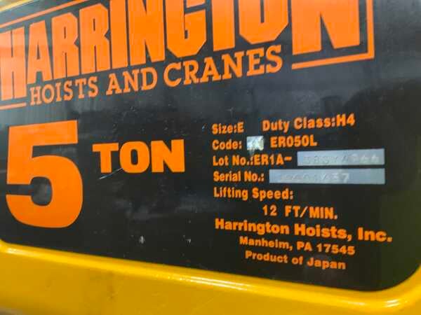 5 Ton, Harrington #38SY6966, electric chain hoist, trollet, pendant Control, 4.7 HP, 12 FPM - Image 6