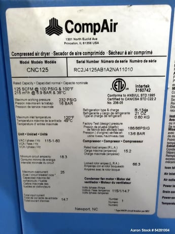 125 SCFM, 100 psig, CompAir #CNC125, Refrigerated Compressed Air Dryer, R-134a - Image 6