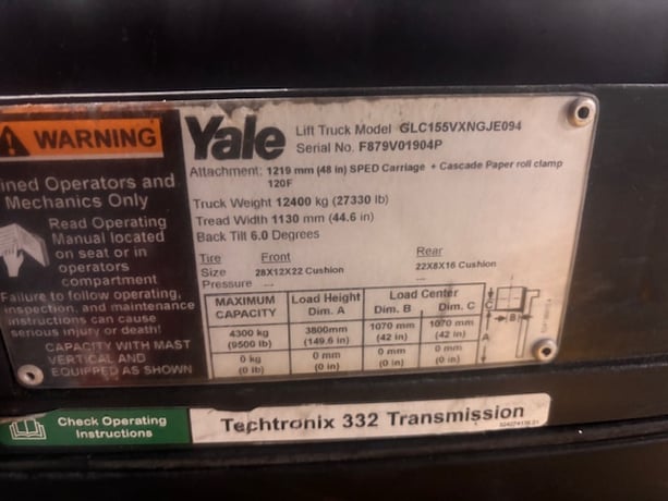 15500 lb. Yale #GLC155, Forklift, w/84" Cascade Paper Roll Clamp, 94" Low/150" Lift Triplex Mast, 13400 - Image 2
