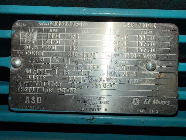 125 HP 1490 RPM General Electric Motors, AC Motor, Frame 445TS, 575 Volts, 117 amps, 2015 - Image 5