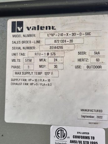 30 Ton, Valent #VPRP-210-X-301-D-5XC, Configurable Packaged Air Handling Unit, 12500 max. cfm, 575 Volt, 2022 - Image 4