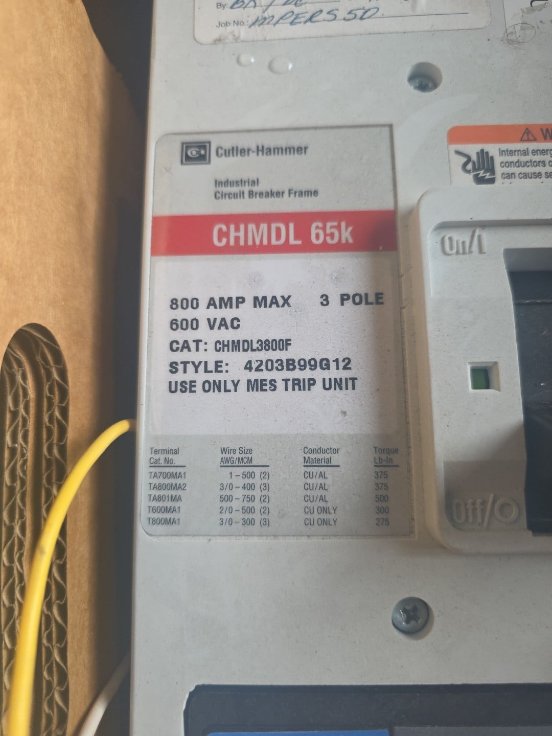 800 Amps, Cutler Hammer #CHMDL3800F, Circuit Breaker, 3 Pole, 600 VAC - Image 2
