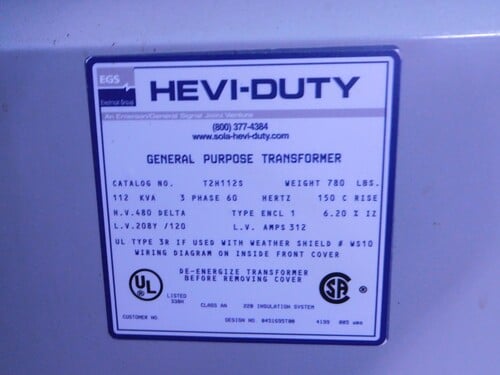 112 KVA 480 Delta Primary, 208Y/120 Secondary, EGS Hevi-Duty, 3 Phase Transformer T2H112S - Image 3