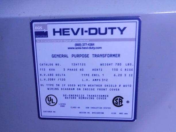 112 KVA 480 Delta Primary, 208Y/120 Secondary, EGS Hevi-Duty, 3 Phase Transformer T2H112S - Image 3
