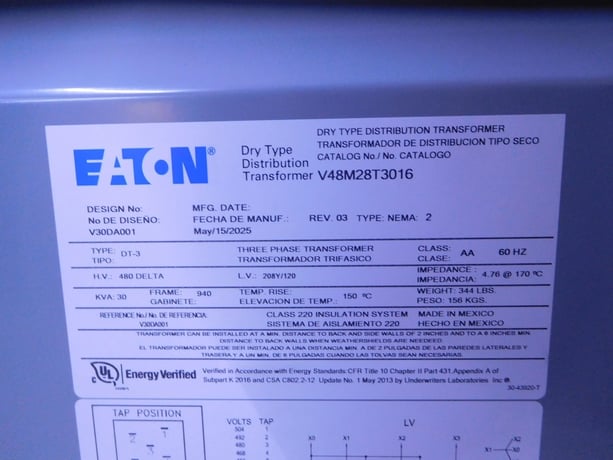 30 KVA 480 Delta Primary, 208Y/120 Secondary, Eaton, 3 Phase Transformer V48M28T3016 - Image 3