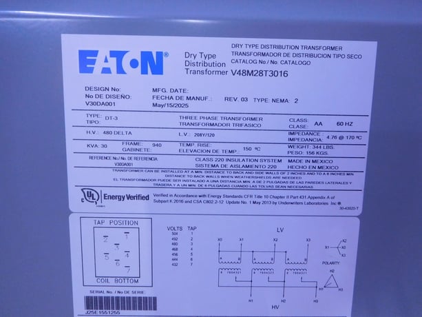 30 KVA 480 Delta Primary, 208Y/120 Secondary, Eaton, 3 Phase Transformer V48M28T3016 - Image 8