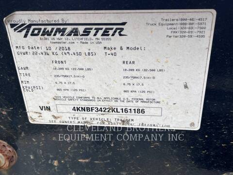 Towmaster T-40, Trailer, S/N: 4KNBF3422KL161186, 2018 - Image 5
