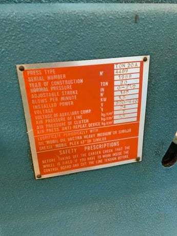 20 Ton, Heim #20A, OBI punch press, 2-1/2" stroke, 10" Shut Height, air clutch, 145 SPM, 2 HP, 1988 - Image 4