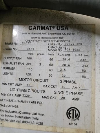 Garmat #99877KDR, 24' L x 13' W x 9' H downdraft paint booth, 2 circuit, 20 amp light #101-40ES, 208 V. - Image 3